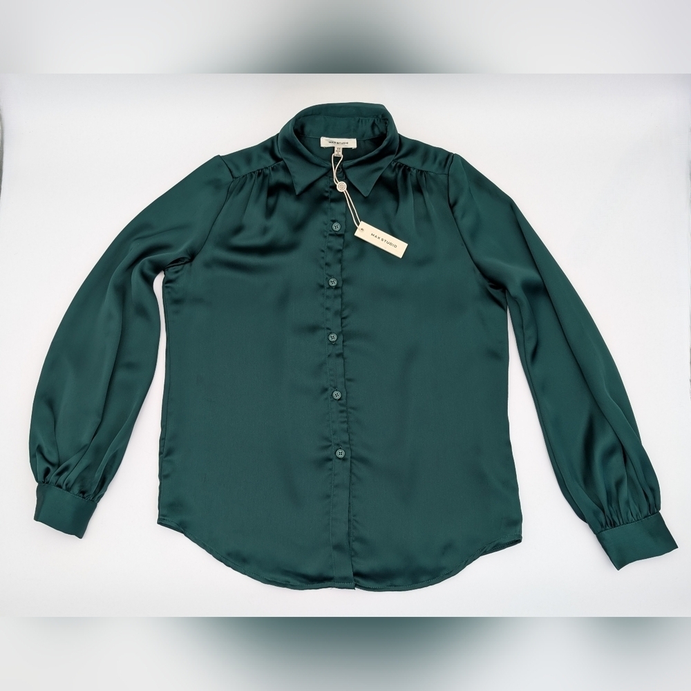 MAX STUDIO Emerald Green Blouse Polyester Women's Long Sleeve Size XS - Picture 11 of 17